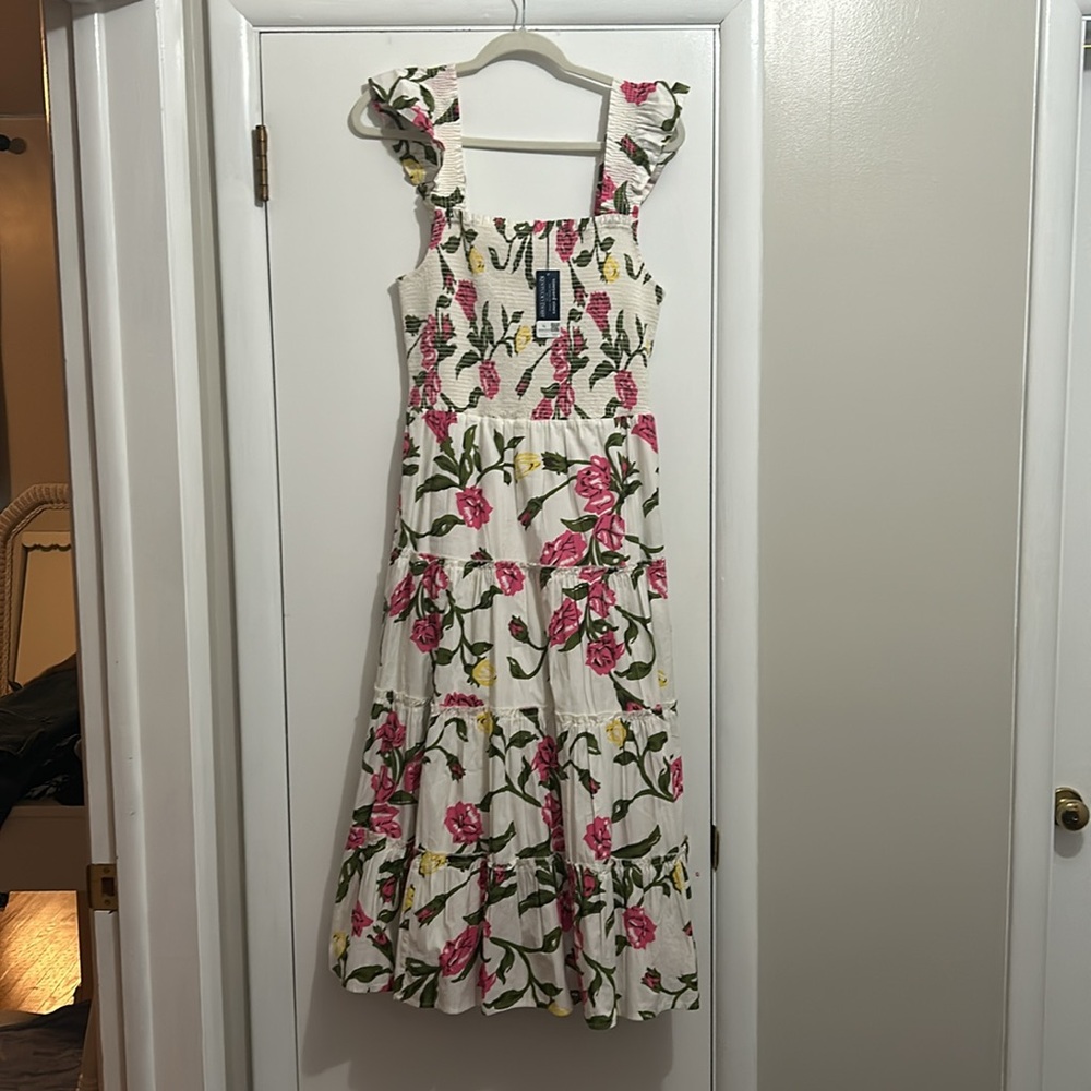Vineyard Vines White Maxi Dress with Pink Floral and Green Leaves